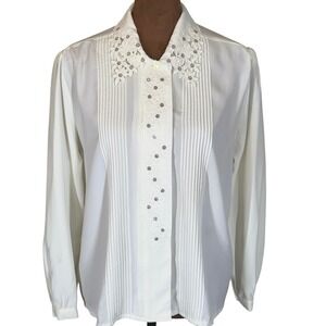 Vintage Lydia Fashion Blouse Women's S Ivory Embroidered Floral Collar 80s‎ EUC